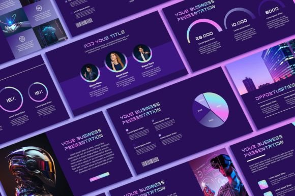 Purple Futuristic PowerPoint Template: Sky Creation's Modern Design Asset